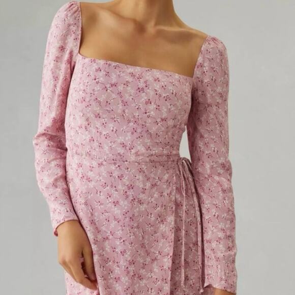 Reformation Rosalie Long Sleeve Square Neck Pink Floral Mini Dress Sz 2 - Picture 4 of 12
